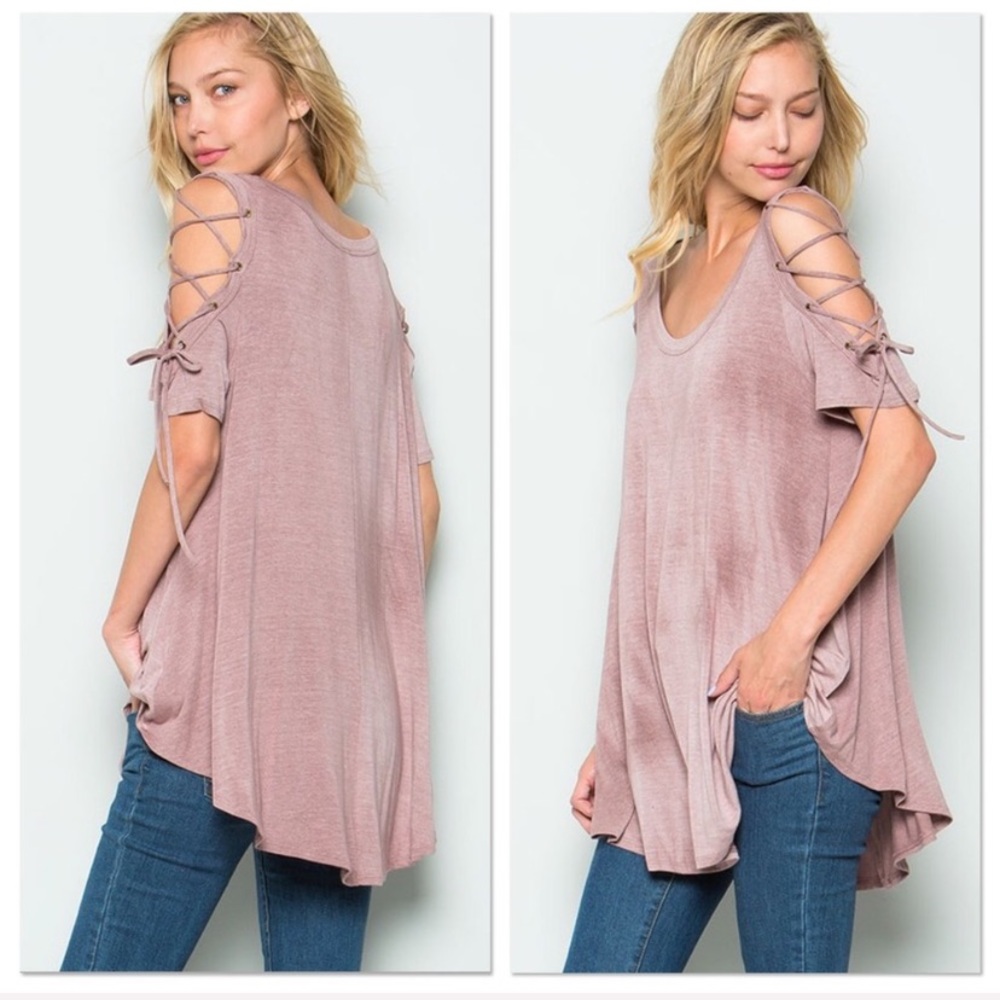 Coral Rose Grommet Lace Up Top - Picture 6 of 7